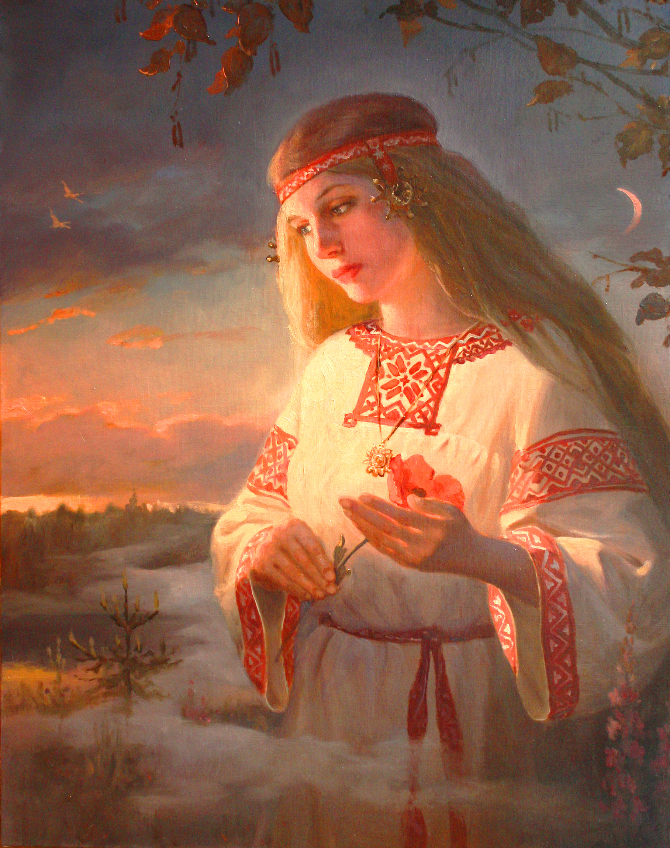 Painting By Andrey Shishkin Of A Woman In A Classic Russian Dress By