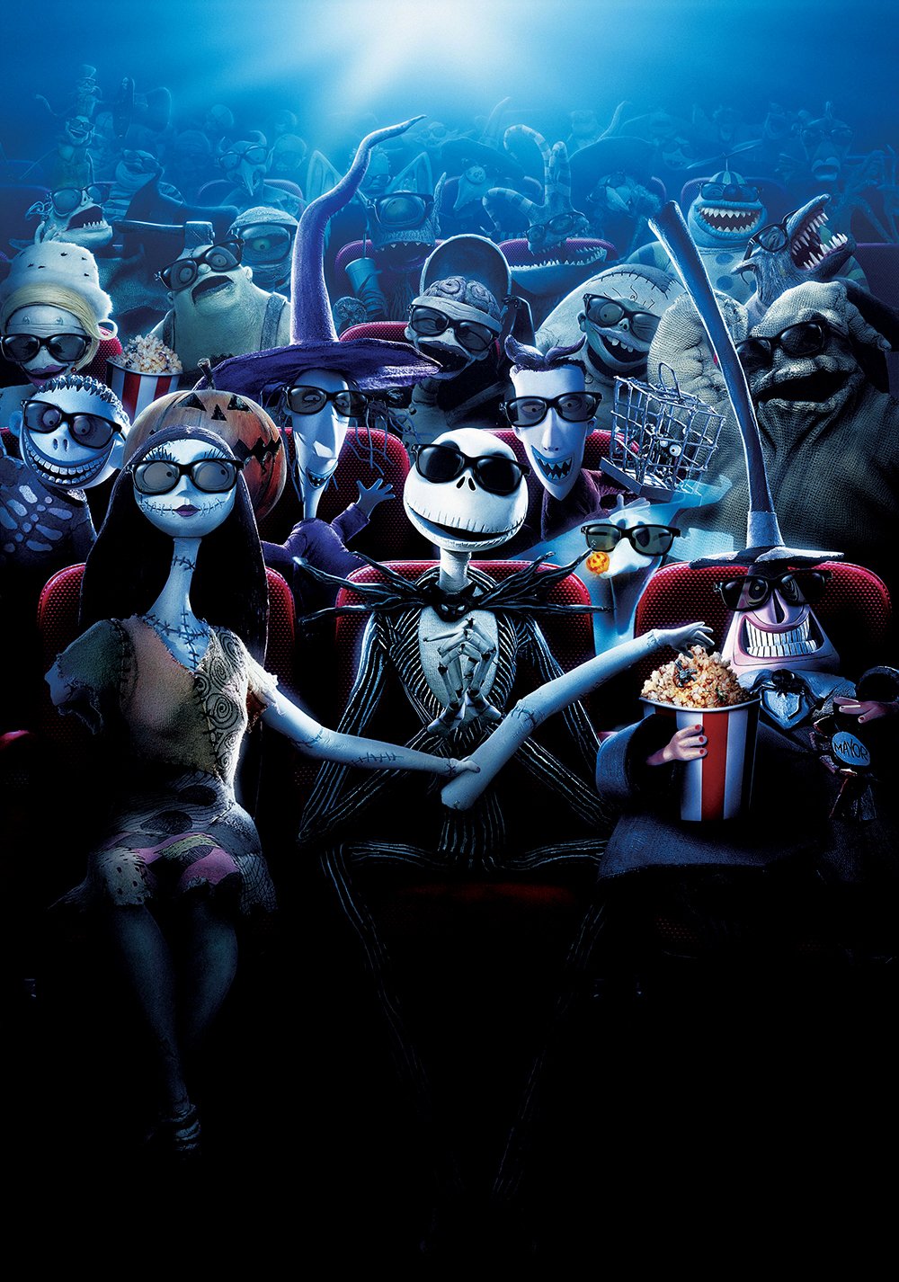 The Nightmare Before Christmas: Jack Skellington and Sally sit in a packed movie theater among Halloween Town characters, all wearing 3D glasses and holding popcorn.