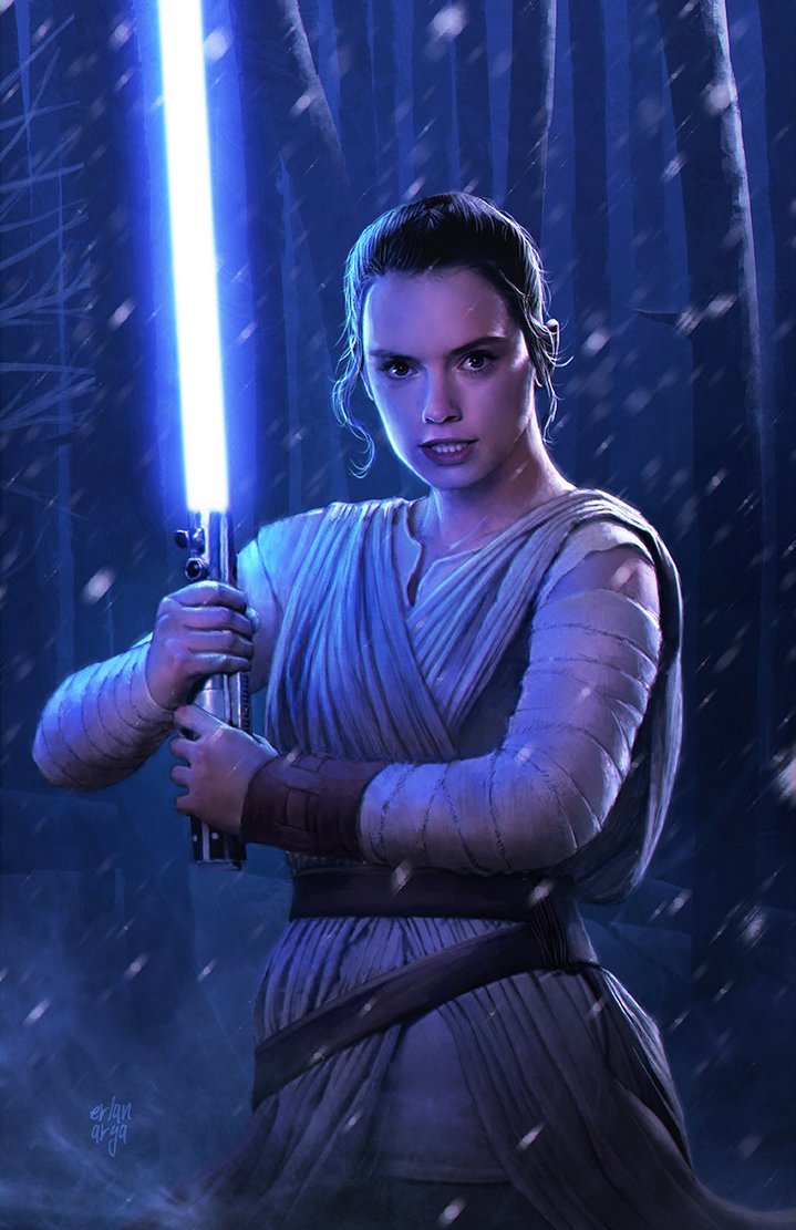Rey stands confidently with a blue lightsaber in a snowy environment, embodying her character from Star Wars Episode VII: The Force Awakens. Her determined expression reflects her strength as a Jedi.