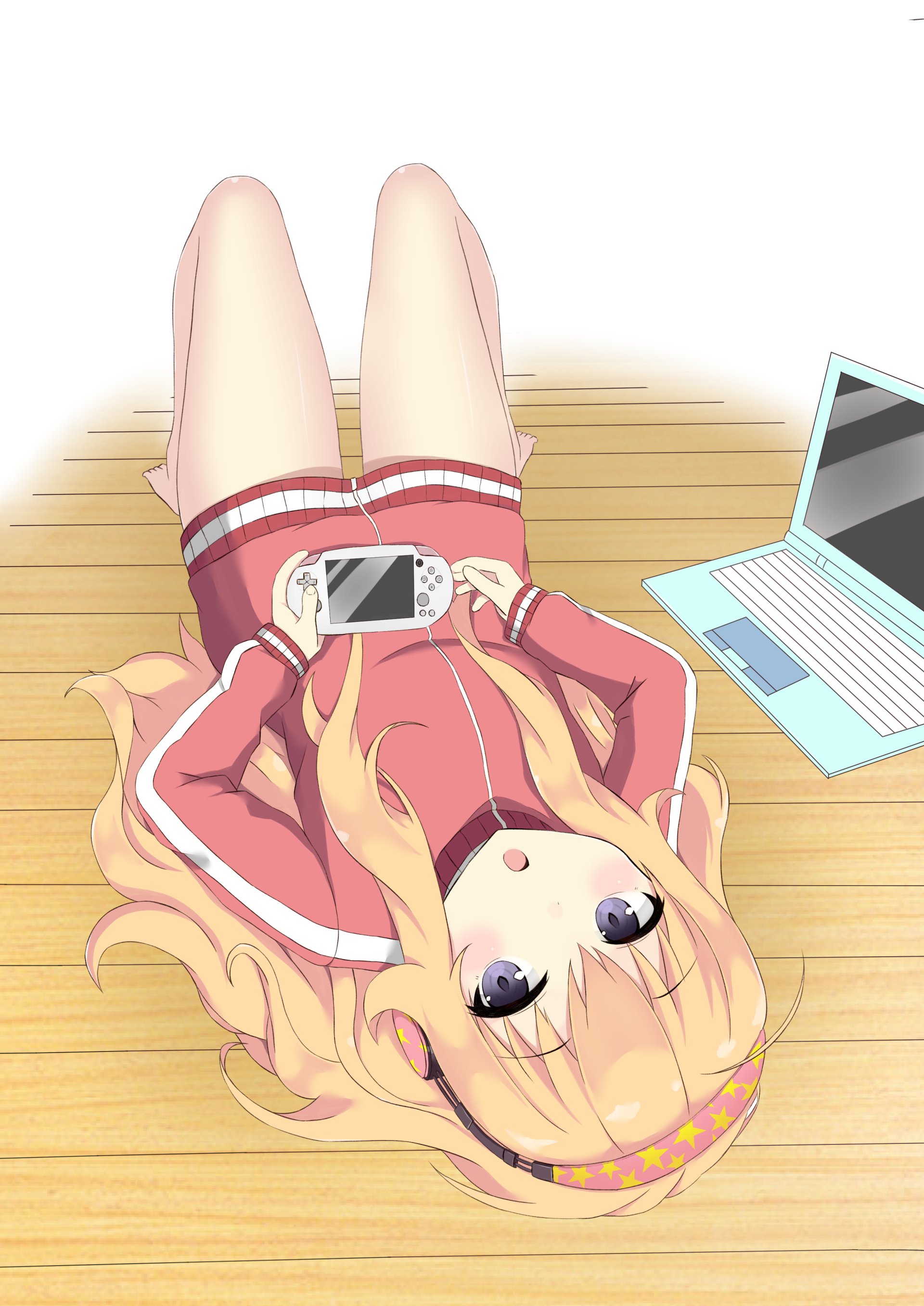 Gabriel Tenma White from Gabriel DropOut lying on a wooden floor in a red tracksuit, holding a handheld game console, laptop nearby, long blond hair and star headband.