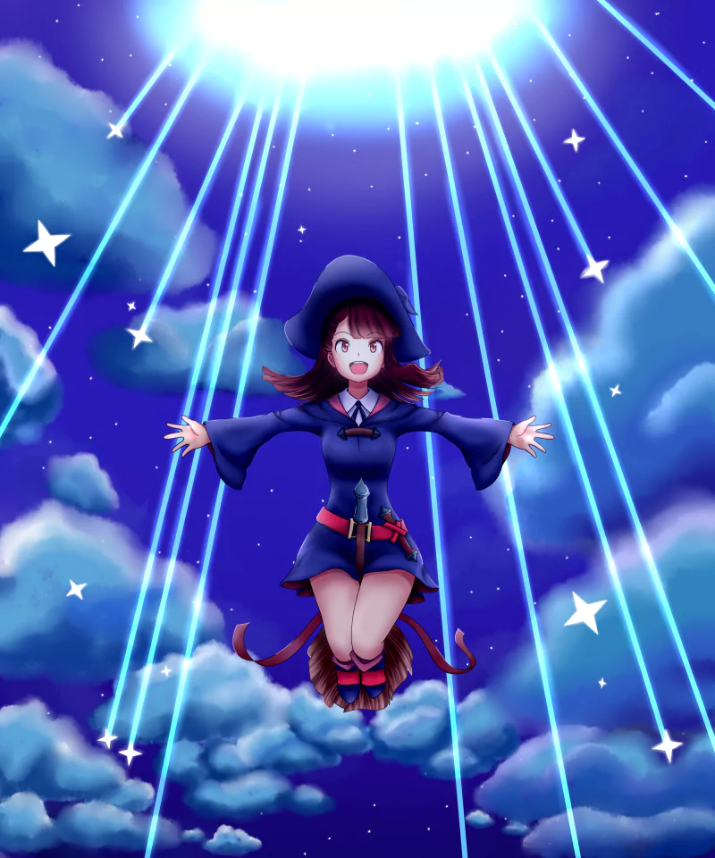 Atsuko Kagari, anime character from Little Witch Academia, joyfully flying on a broom in her blue witch uniform amid starry clouds and radiant beams of light.