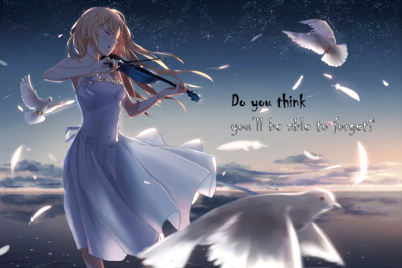Kaori Miyazono from the anime Your Lie in April plays violin beneath a starry sky and crescent moon, white dress and doves swirling in moonlit clouds.