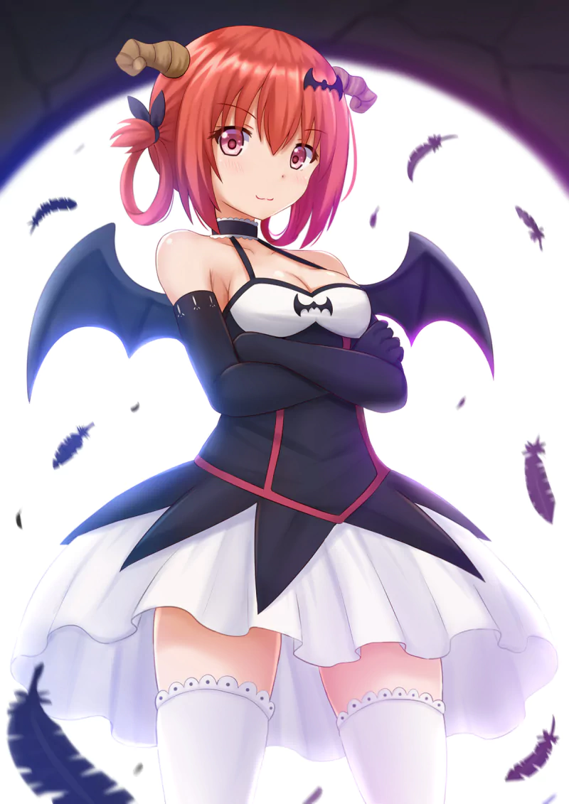 Anime character Satanichia Kurumizawa McDowell from Gabriel DropOut stands confidently with bat wings, horns, and a gothic dress against a glowing full moon backdrop.