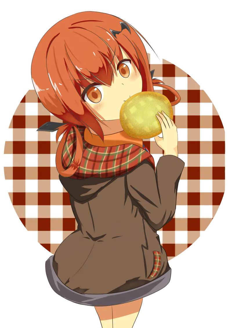 Satanichia Kurumizawa McDowell from the anime Gabriel DropOut is shown holding a golden apple against a brown checkered background.