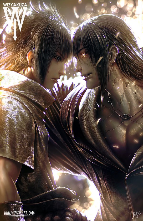 Itachi and Sasuke Uchiha face each other in an intense moment, captured in stunning anime artistry from Naruto, with dynamic lighting and intricate details enhancing their expressions.