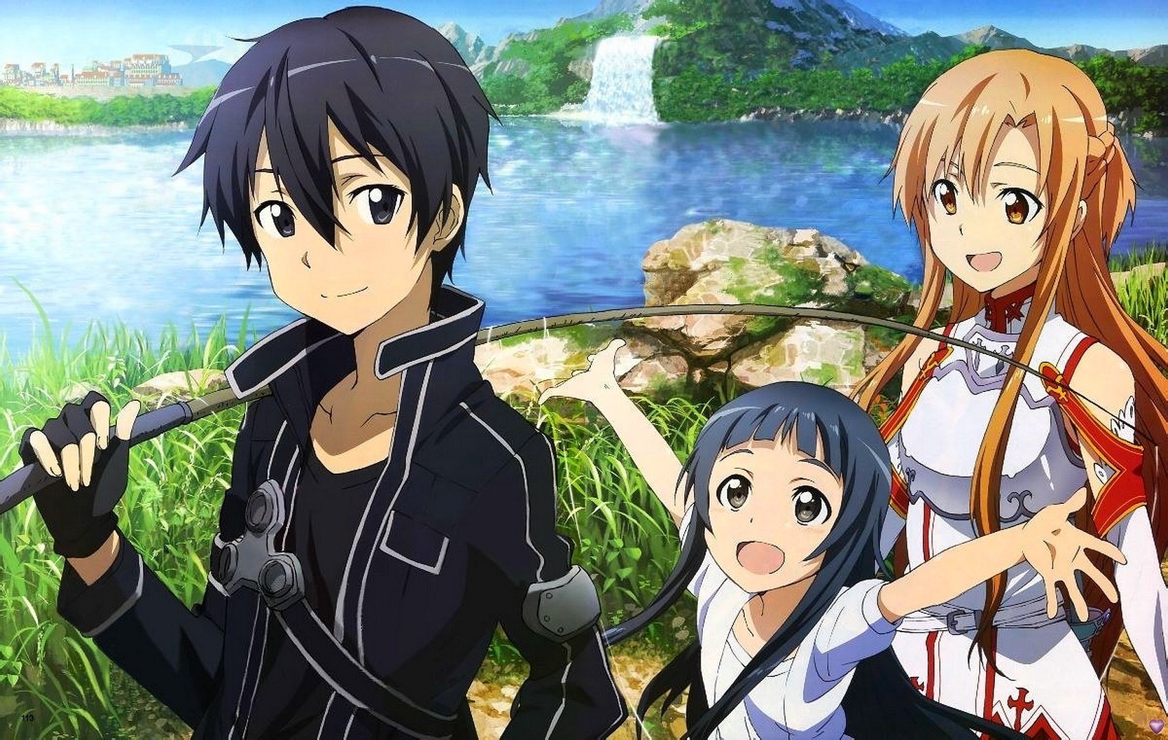 Kirito, Asuna Yuuki, and Yui from Sword Art Online stand by a scenic riverbank, embodying the adventurous spirit of their anime world.