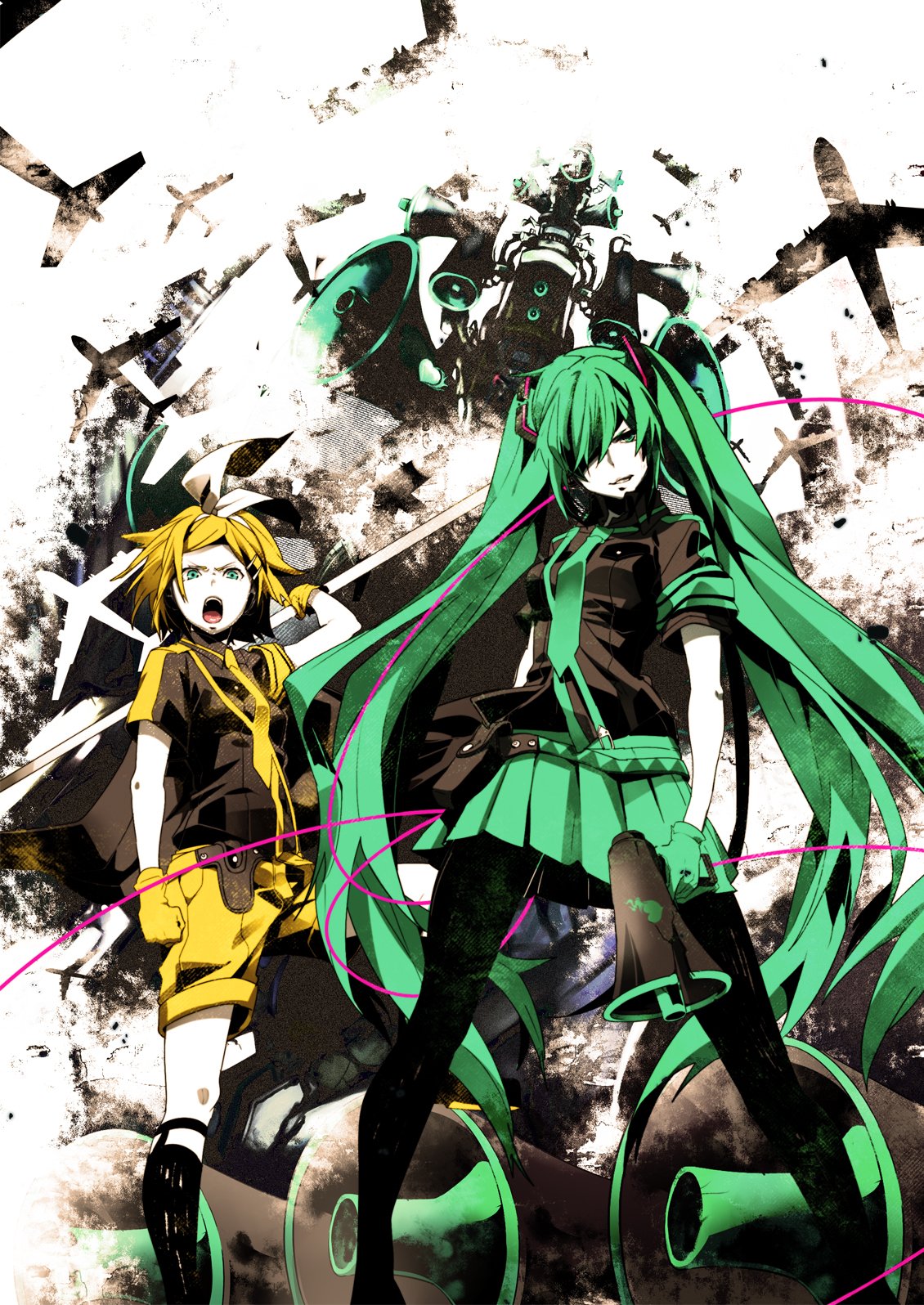 Song illustration, anime-style, of Vocaloid characters: a green twin-tailed singer in a skirt and a yellow-haired partner posed amid grunge splatters and speakers.