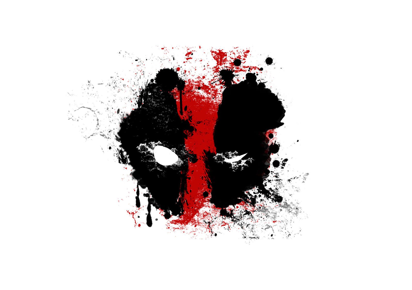 Abstract comic-style depiction of Deadpool's mask with splattered black and red ink, capturing the essence of the Merc with a Mouth.