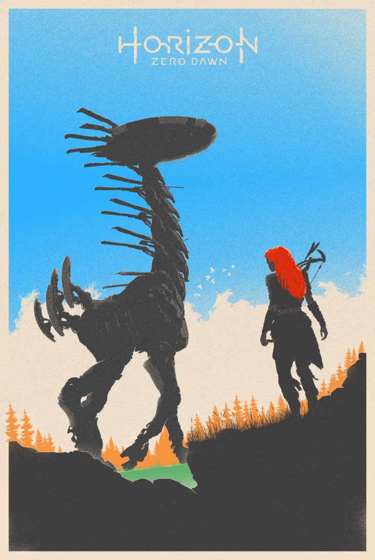 Aloy (Horizon Series) from the video game Horizon Zero Dawn, red-haired and armed with a bow, stands on a ridge beside a towering Tallneck machine under a blue sky.