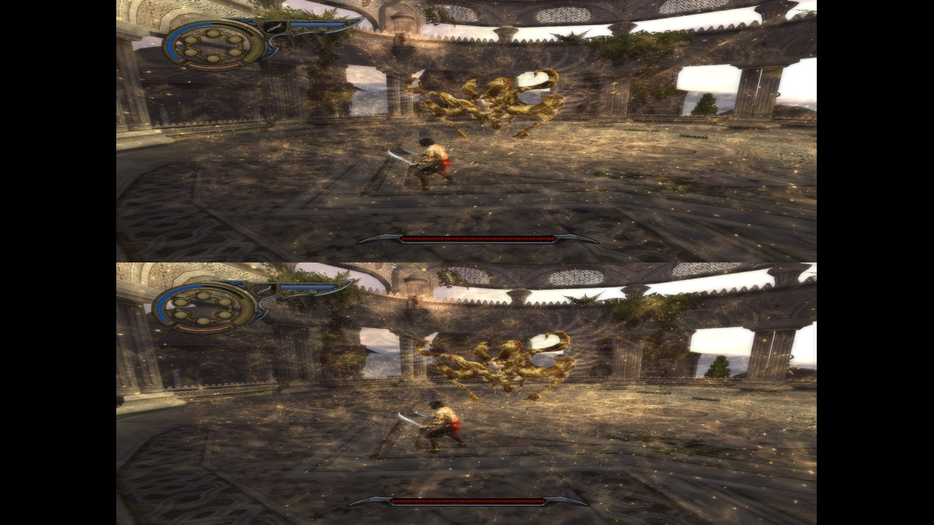 A split-screen view from the 3D video game Prince of Persia: The Two Thrones, featuring a character engaged in combat within a detailed, ancient arena.