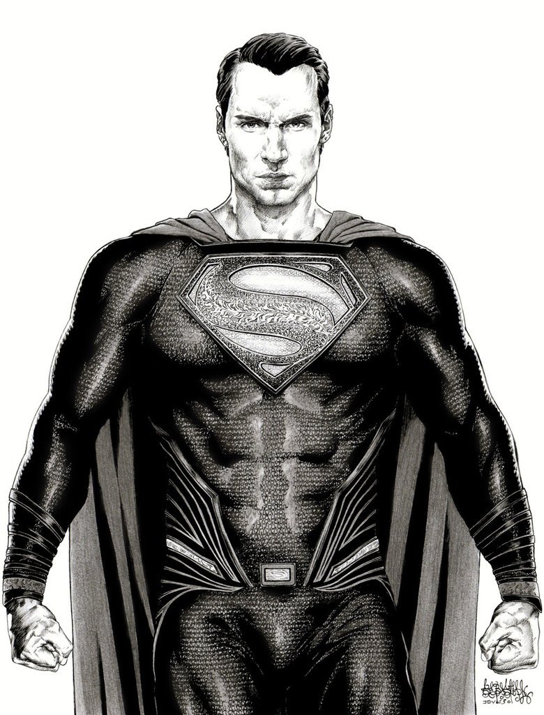 Black-and-white comic illustration of Superman in a textured suit with a prominent S emblem, standing confidently with clenched fists and a cape flowing behind him.
