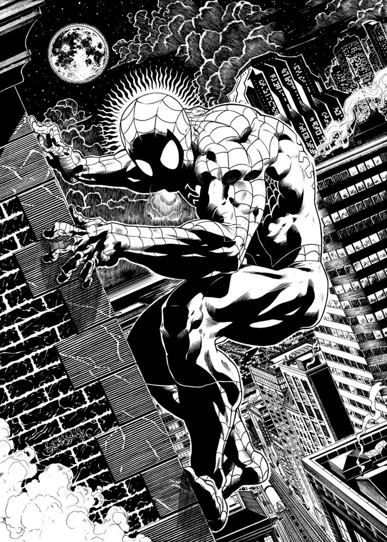 Black-and-white comic illustration of Spider-Man perched on a building ledge at night, with a full moon and cityscape in the background.
