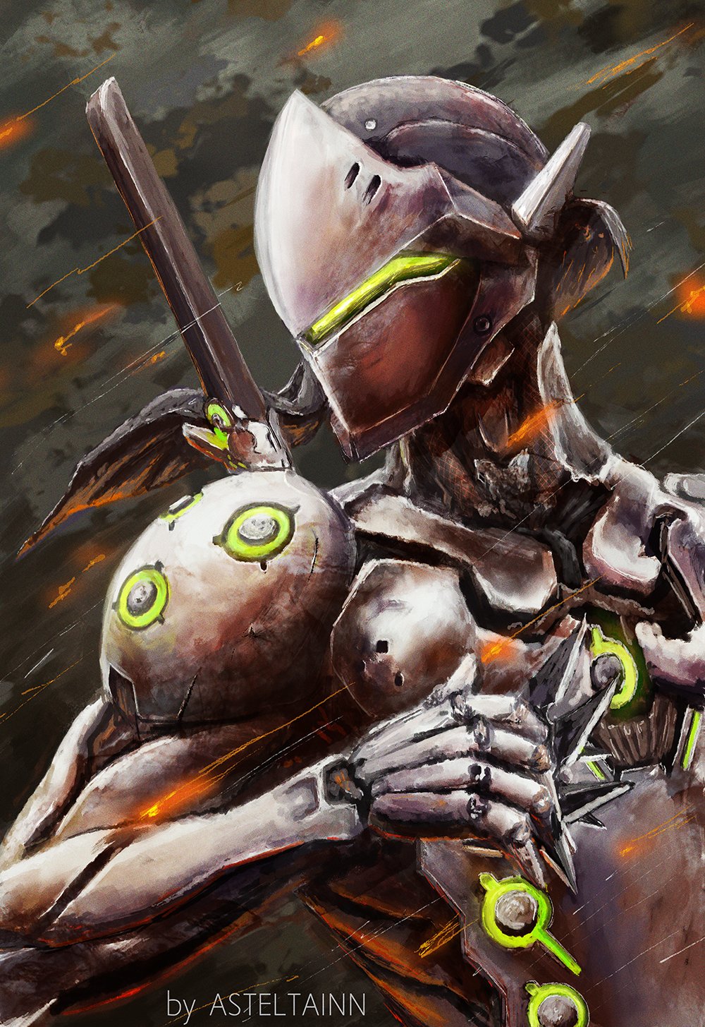 A dynamic illustration of Genji from Overwatch, showcasing his sleek robotic design and samurai-inspired armor, set against a backdrop of dramatic lighting and movement.