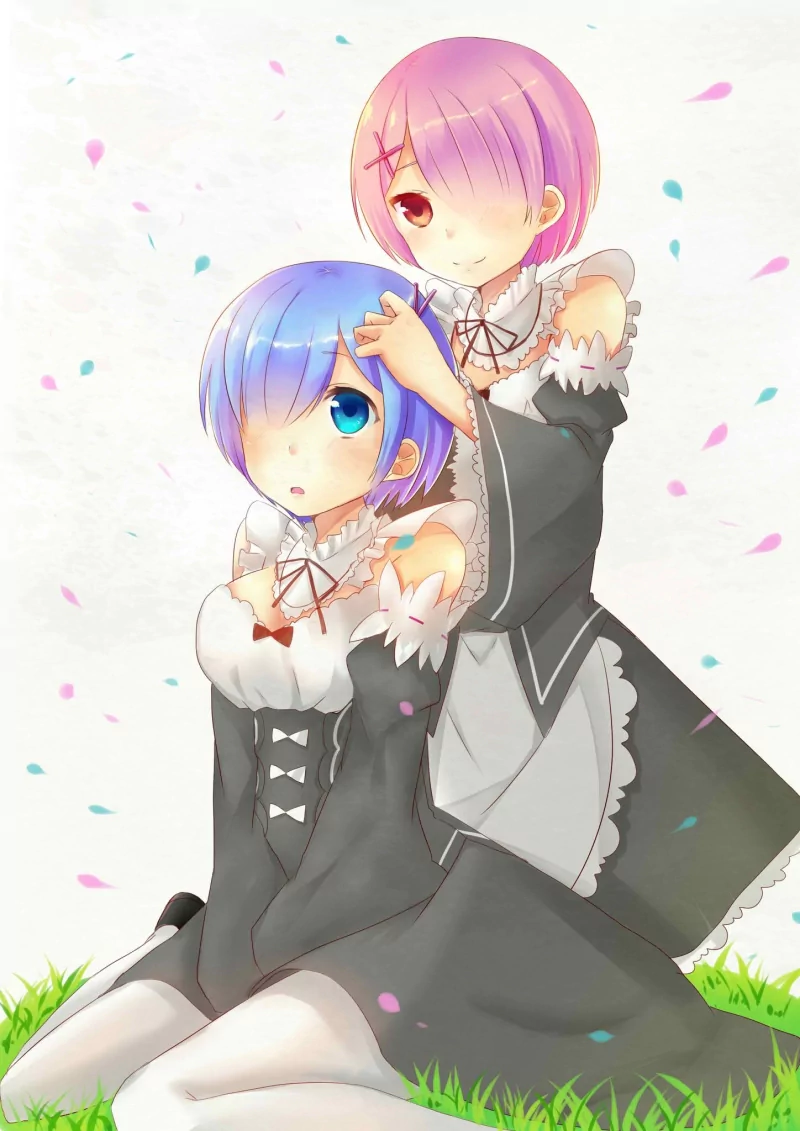 Two characters from *Re:ZERO - Starting Life in Another World*, Ram and Rem, are depicted in colorful anime art. Ram playfully adjusts Rem's hair as they sit on green grass surrounded by petals.