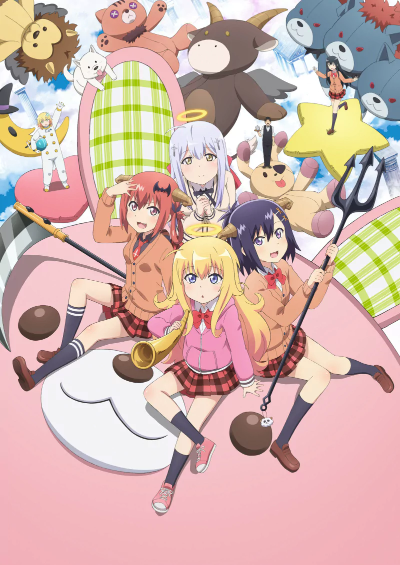 Gabriel DropOut anime: Gabriel Tenma White, Vignette Tsukinose April, Raphiel Shiraha Ainsworth, Satanichia Kurumizawa McDowell and Tapris Sugarbell Chisaki lounging on oversized plush toys.