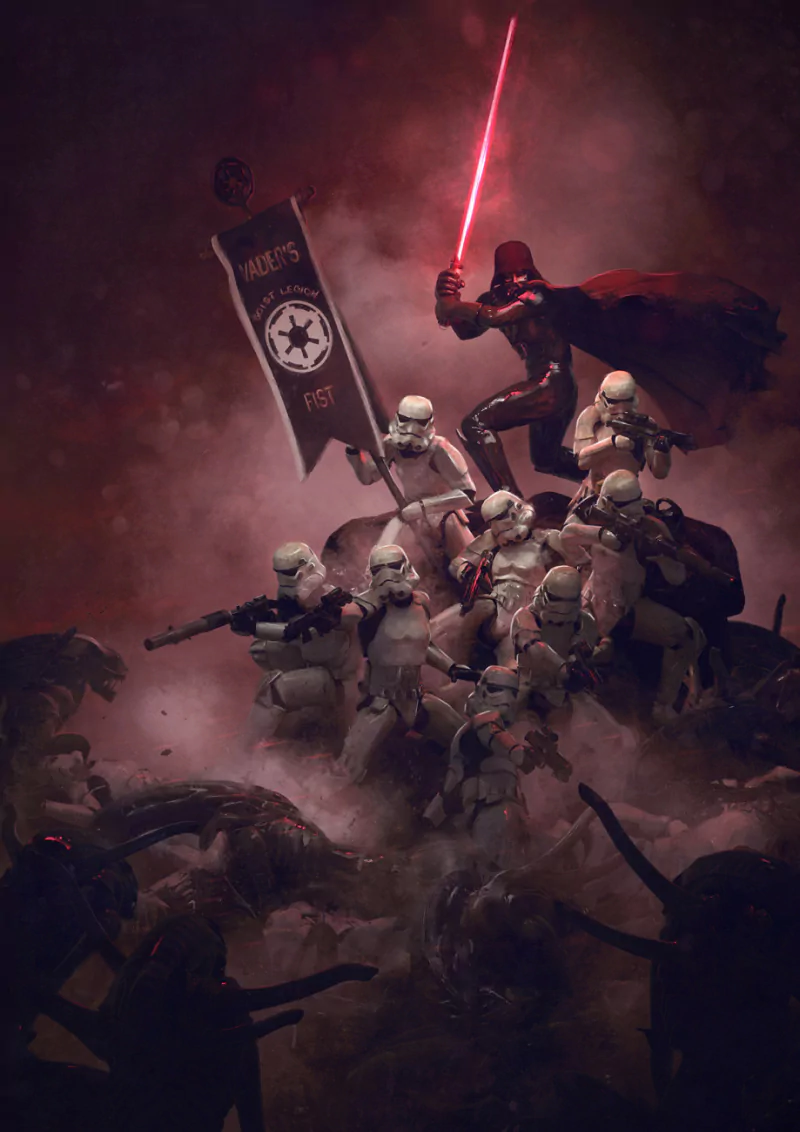Darth Vader leads stormtroopers in battle against xenomorphs, wielding a lightsaber amidst a chaotic crossover of iconic sci-fi universes.
