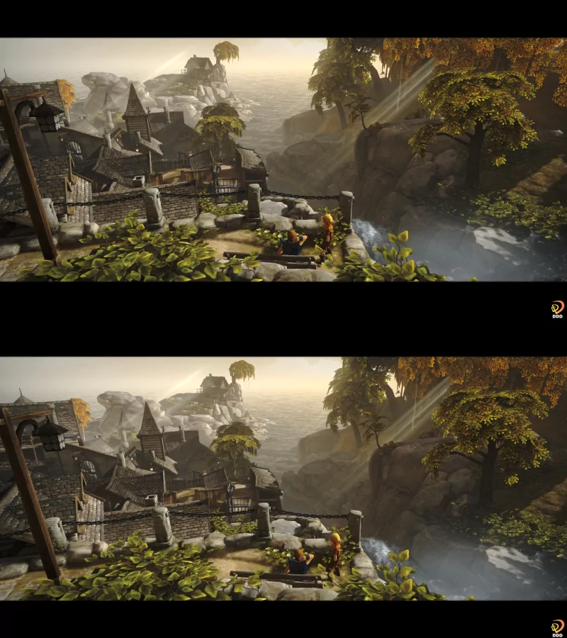 3D screenshot from the video game Brothers: A Tale of Two Sons showing two brothers near a village with trees and cliffs overlooking the sea at sunset.