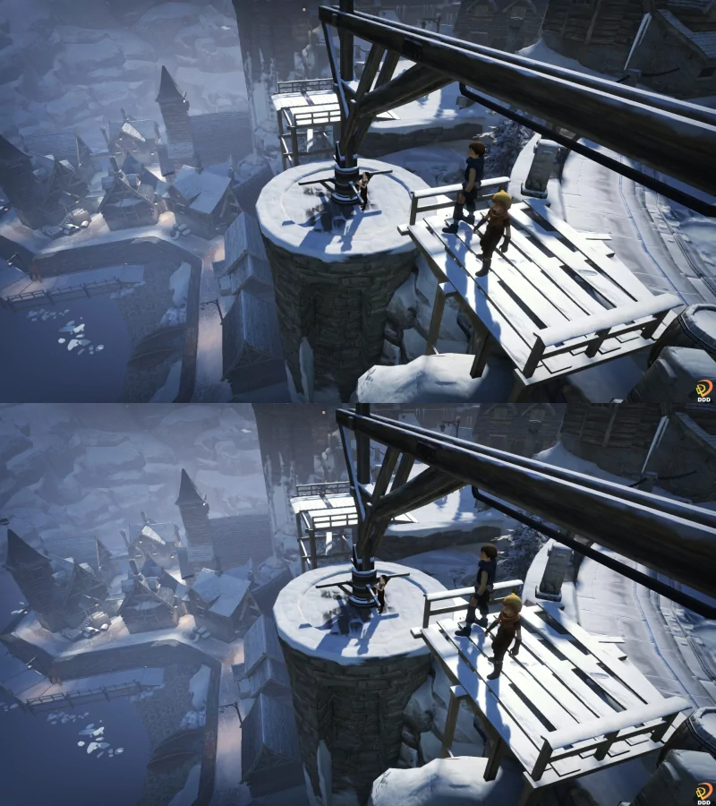 3D scene from the video game Brothers: A Tale of Two Sons shows two characters crossing a snowy mountain bridge with a vast icy village below.