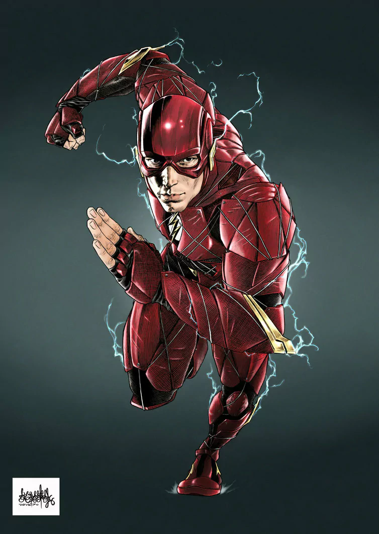 Illustration of Barry Allen as the Flash in his red suit from the Justice League (2017) movie, captured in a dynamic running pose with electric energy effects.