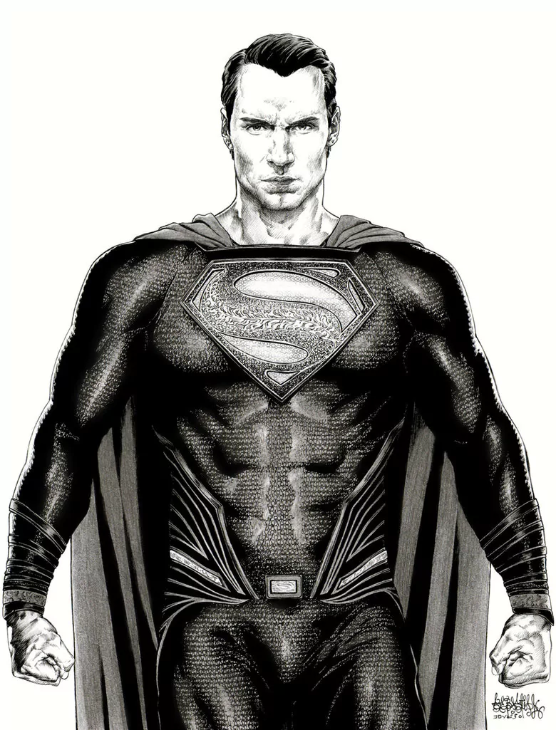 Black-and-white comic illustration of Superman in a textured suit with a prominent S emblem, standing confidently with clenched fists and a cape flowing behind him.