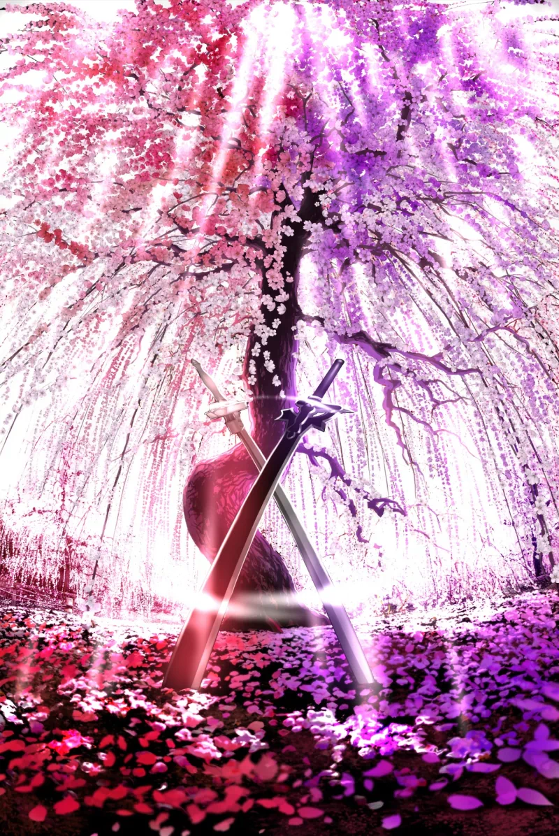 A glowing sword crossed with a shining lance beneath a vibrant cherry blossom tree from the anime Sword Art Online Movie: Ordinal Scale.