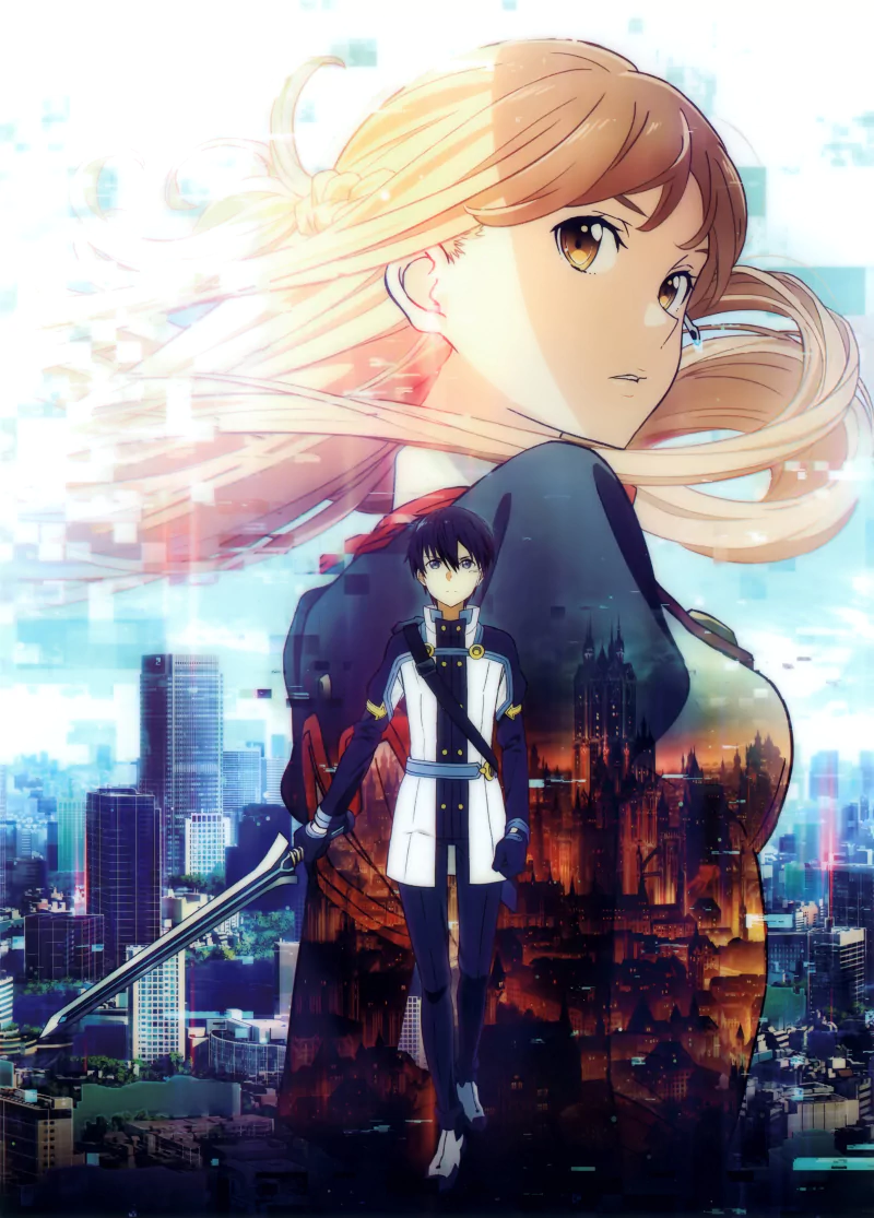 An anime scene from Sword Art Online: Ordinal Scale, featuring a female character with flowing hair alongside a male protagonist in a futuristic cityscape.