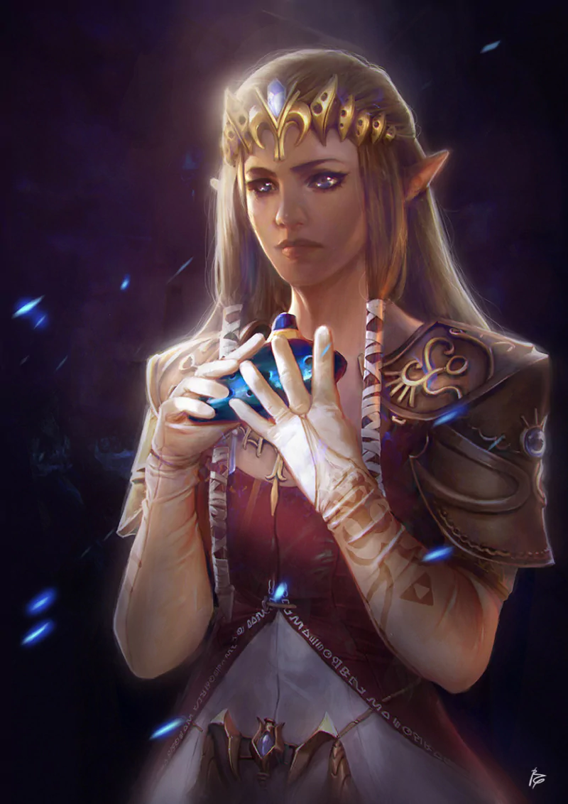 Princess Zelda from The Legend of Zelda, depicted with blue eyes, blonde hair, and pointed ears, holding a glowing blue object in a detailed fantasy setting.