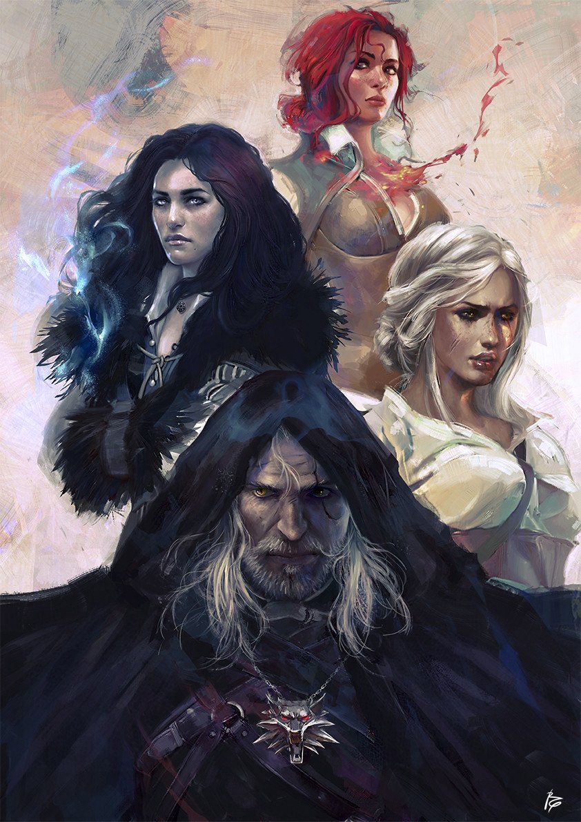 Digital illustration of Geralt of Rivia, Triss Merigold, Yennefer of Vengerberg, and Ciri from the video game The Witcher 3: Wild Hunt, showcasing their iconic appearances.