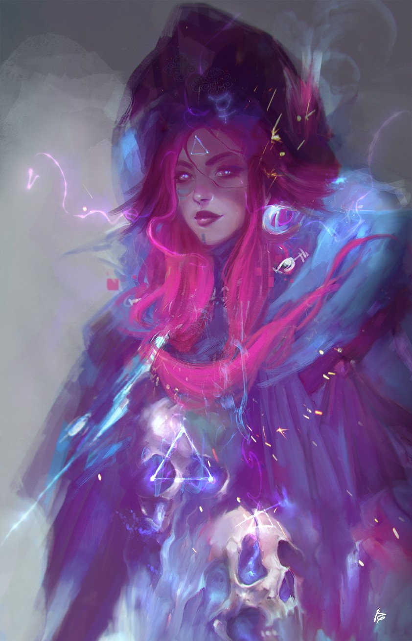 A fantasy witch with flowing pink hair and a tall hat, conjuring glowing magic amid floating skulls and an ethereal purple-blue cloak streaked with sparks.
