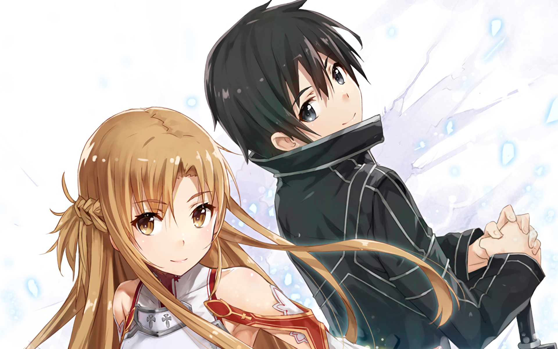 Kazuto Kirigaya (Kirito) and Asuna Yuuki from the anime Sword Art Online pose back-to-back with a soft, glowing background.