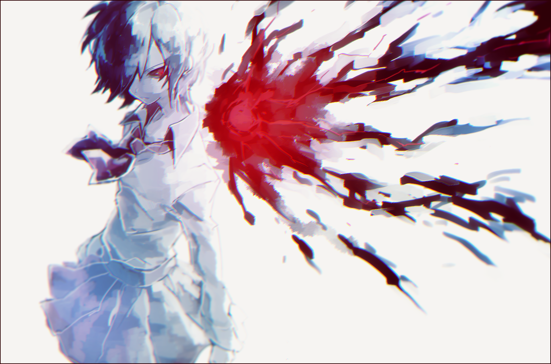 Anime-style image from Tokyo Ghoul depicting a character with white and black hair, bleeding a vivid red substance from their back against a white background.