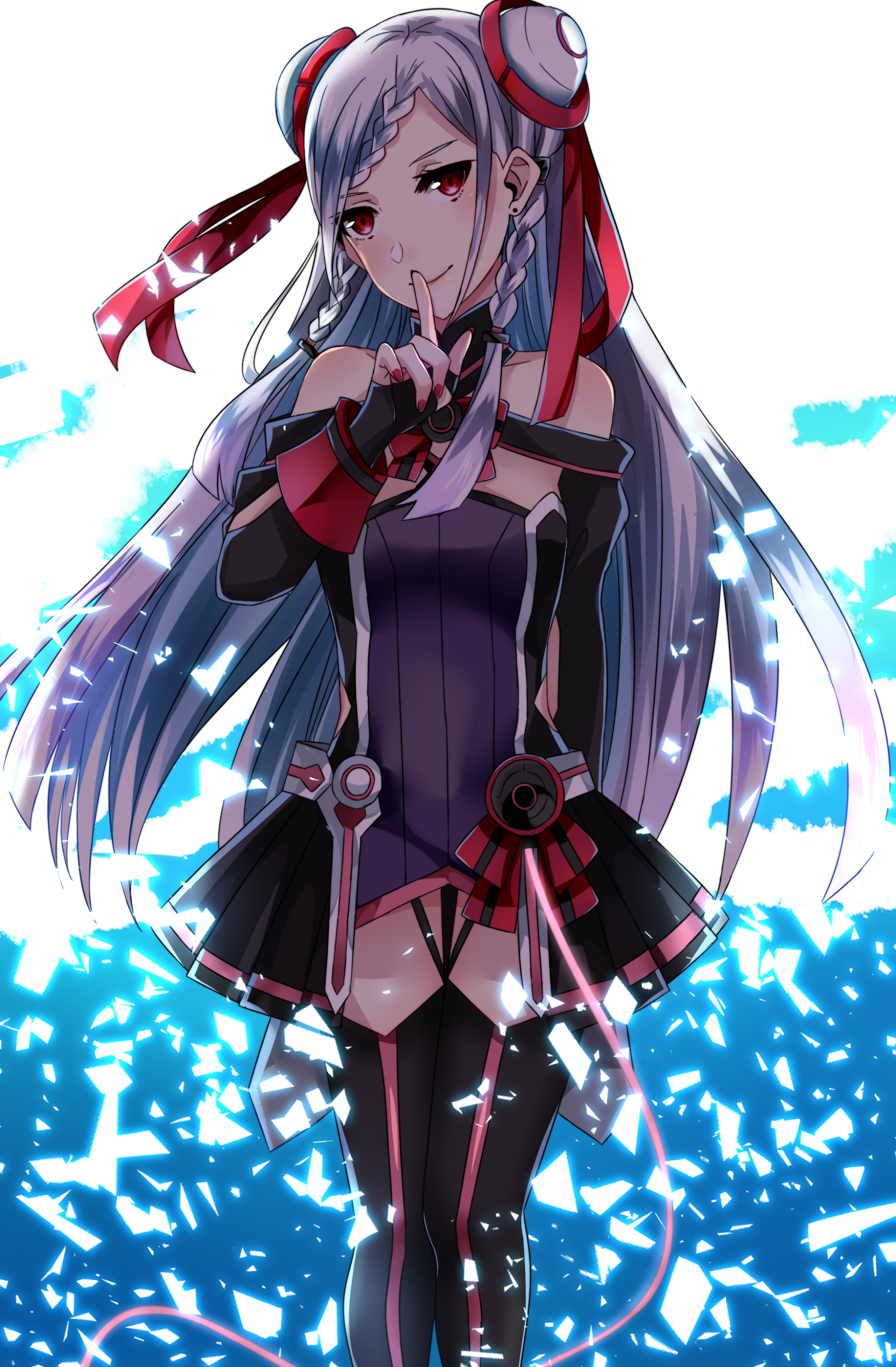 Yuna (Sword Art Online Movie: Ordinal Scale) with finger to her lips, long silver hair, red eyes and red-trimmed headphones, wearing a dark purple/black outfit amid glowing blue shattered-light fragments.