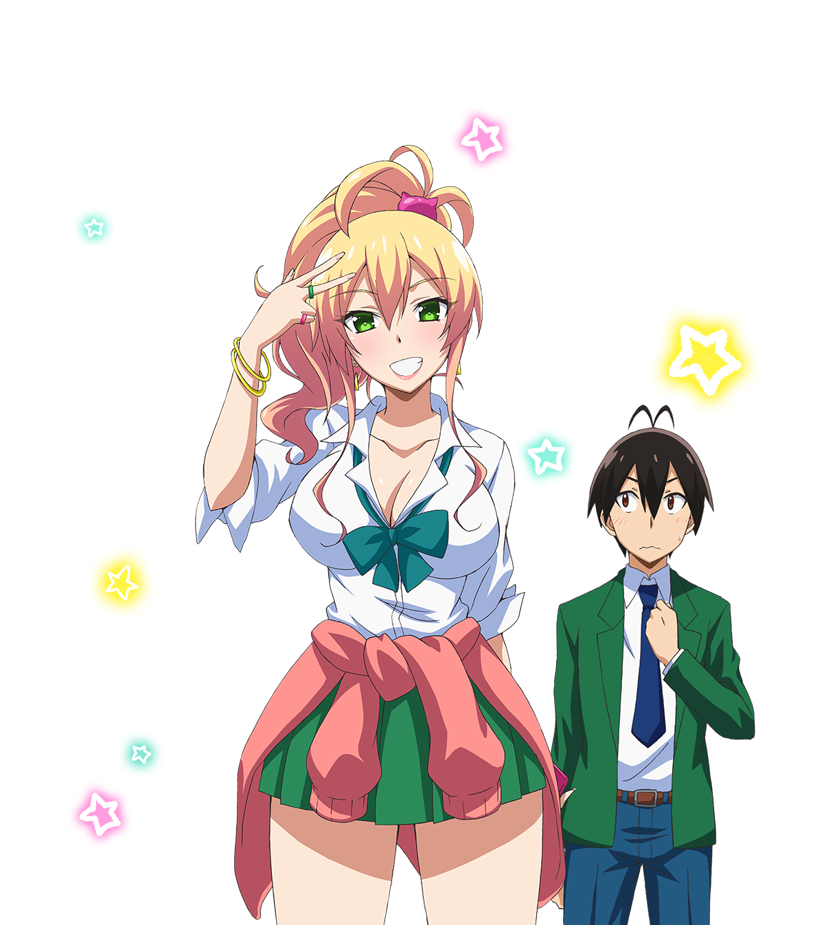 My First Girlfriend is a Gal anime: confident blonde girl in a school uniform smiles and poses, while a shy dark-haired male student stands beside her adjusting his tie.