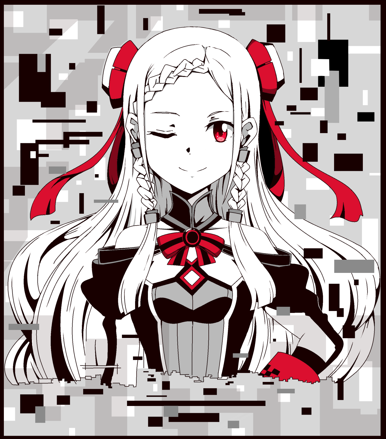 Yuna from Sword Art Online Movie: Ordinal Scale winking, long white braided hair with red ribbons, one red eye, black-and-white outfit with red accents, standing before a glitchy pixel background.