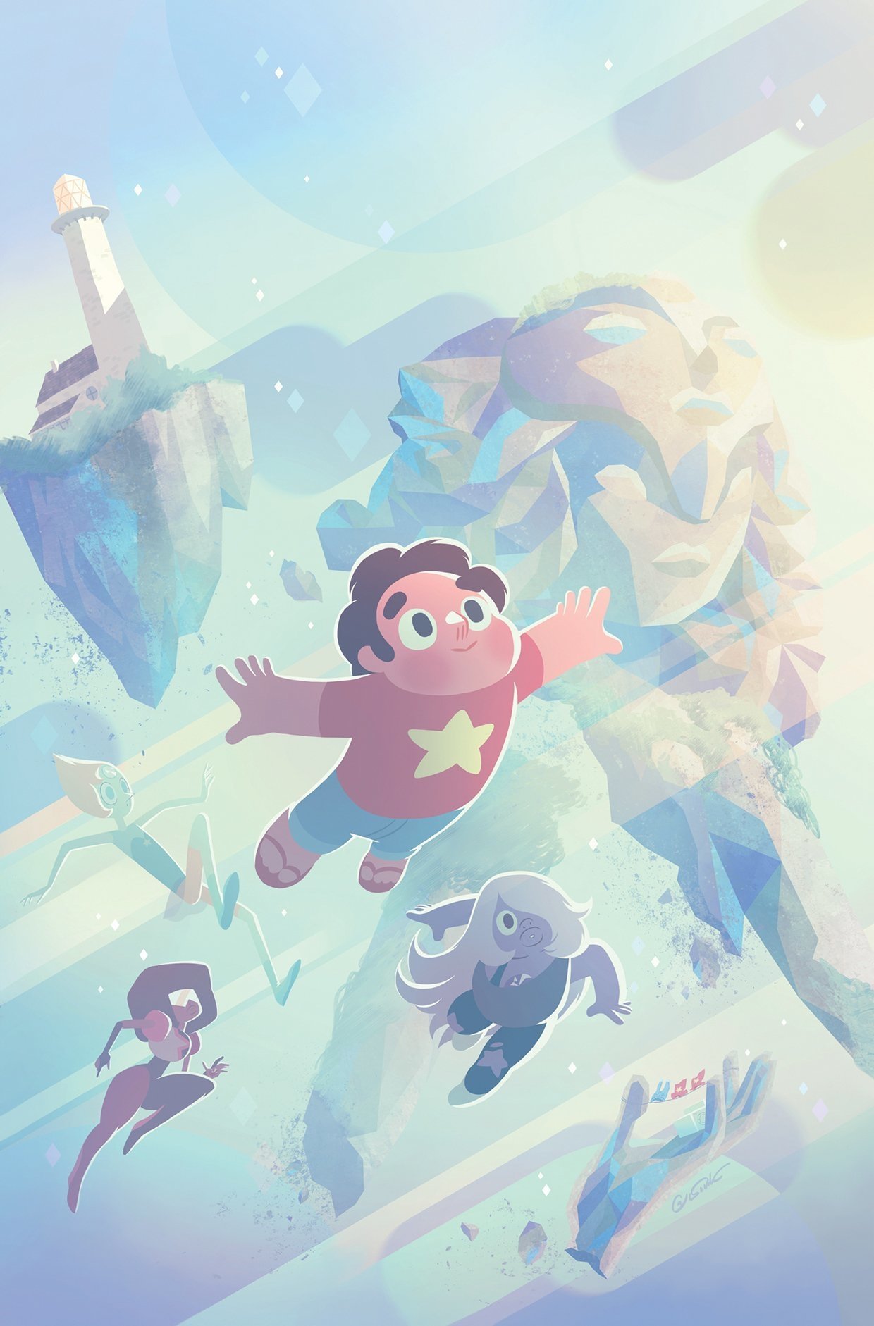 Steven, Pearl, Garnet, and Amethyst from the TV show Steven Universe float joyfully in a dreamy, pastel-hued sky with floating rocks and distant structures.