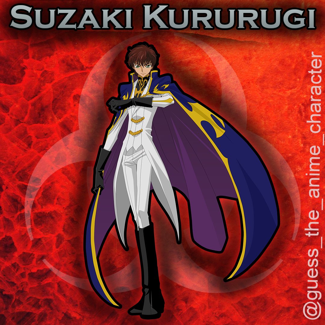 Suzaku Kururugi from Code Geass in a white military uniform with a flowing purple cape, standing with a sword against a red textured background.