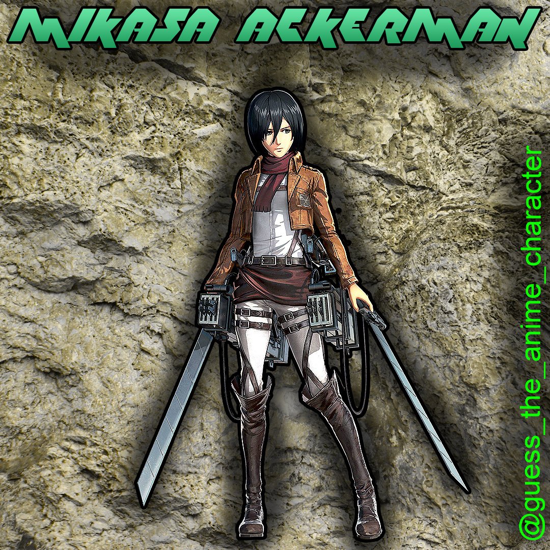 Mikasa Ackerman from the anime Attack on Titan stands ready with dual blades against a rocky backdrop, wearing her Survey Corps uniform.