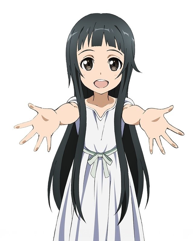 Yui from Sword Art Online anime, smiling with arms extended forward, dressed in a white dress with long black hair.