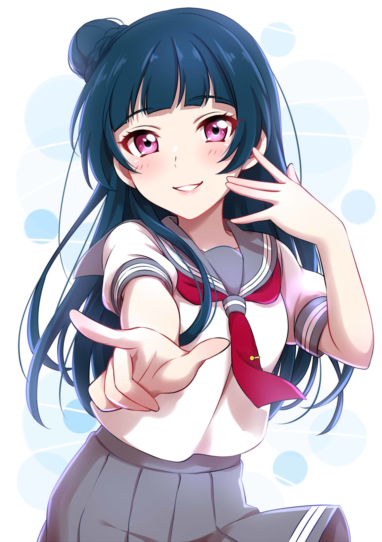 Yoshiko Tsushima (Love Live! Sunshine!!) smiling and reaching toward the viewer in a sailor school uniform, dark blue hair with a bun and long locks, and bright pink eyes.