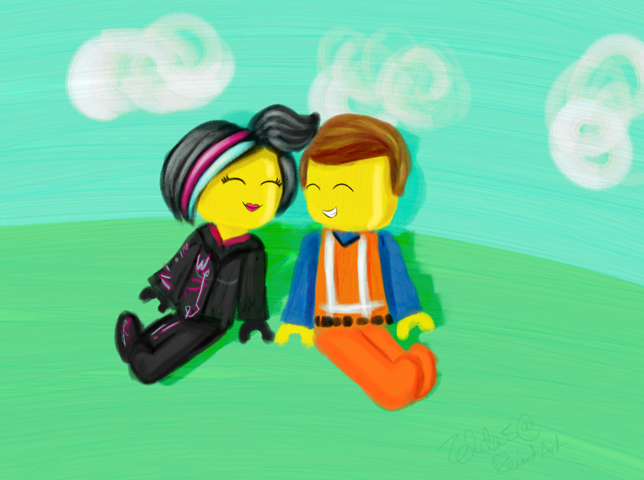 Wyldstyle and Emmet from The LEGO Movie sit together on a grassy hill, smiling happily against a bright blue sky with fluffy clouds.