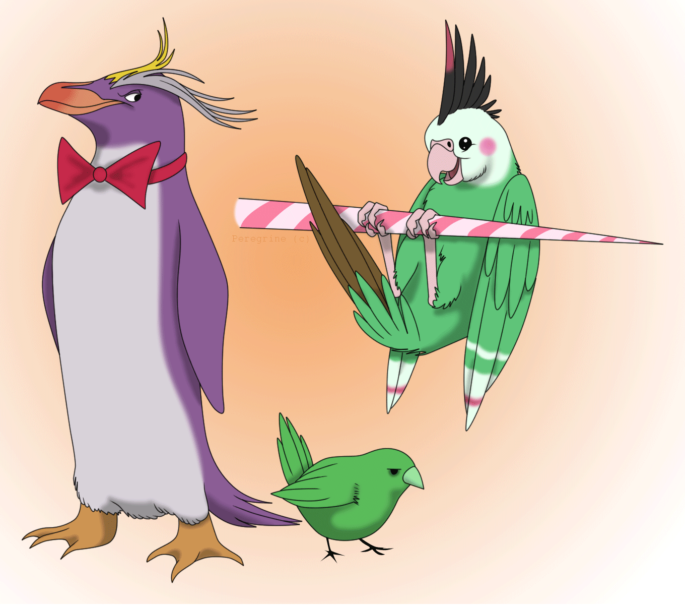 Illustration of three colorful birds inspired by the movie Wreck-It Ralph, featuring a penguin in a bow tie, a green parrot holding a striped stick, and a small green bird.