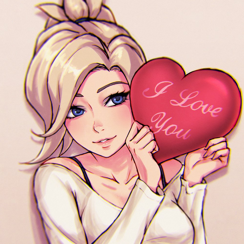 Artwork of Mercy, the video game character from Overwatch, holding a red heart that reads I Love You, rendered in soft pastels with a warm, playful expression.