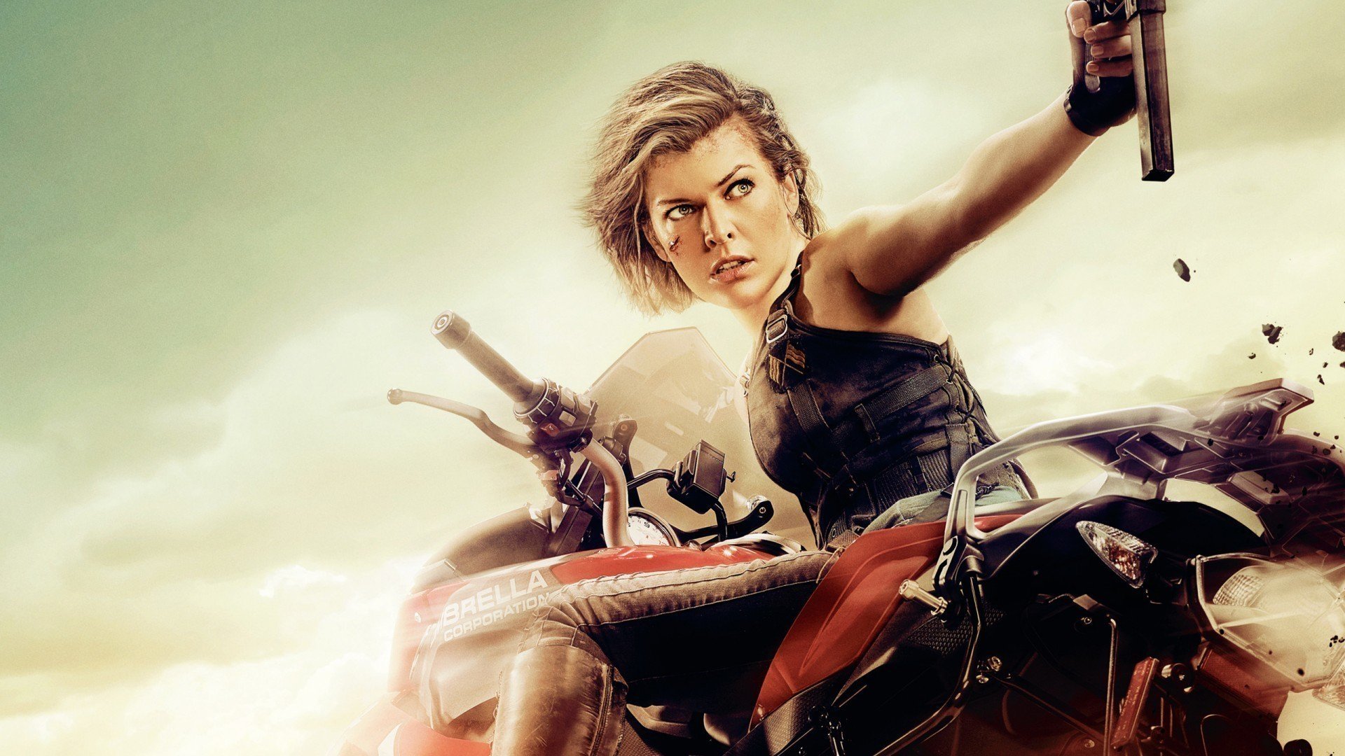 Alice, portrayed by Milla Jovovich, rides a motorcycle ready for action in a scene from the movie Resident Evil: The Final Chapter.