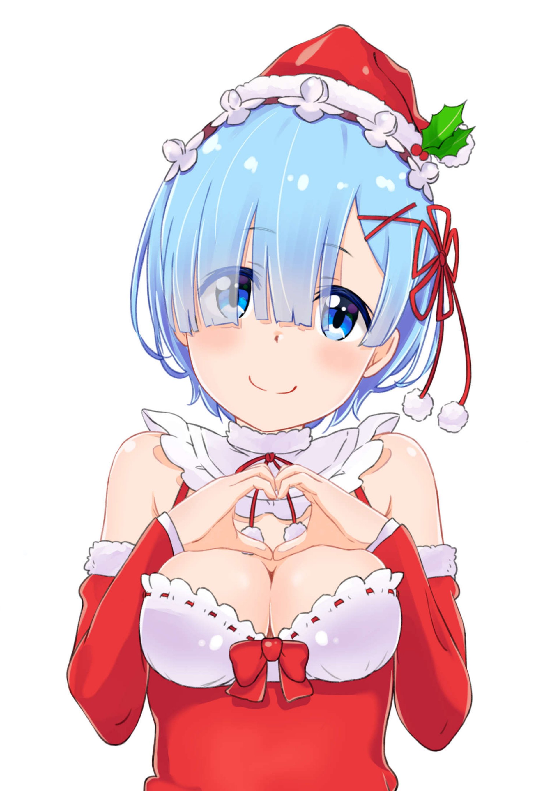 Rem from Re:Zero - Starting Life in Another World (Re:ZERO), anime-style, wearing a Santa hat and red festive dress, blue hair with holly, smiling and forming a heart with her hands.