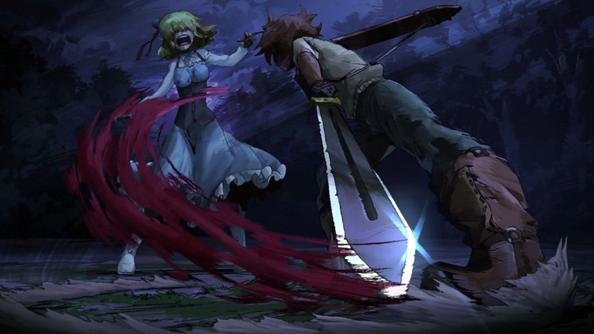 Aria (Akame Ga Kill!) hovers with red tendrils as Tatsumi (Akame Ga Kill!) lunges with a glowing sword - anime battle scene from Akame ga Kill!