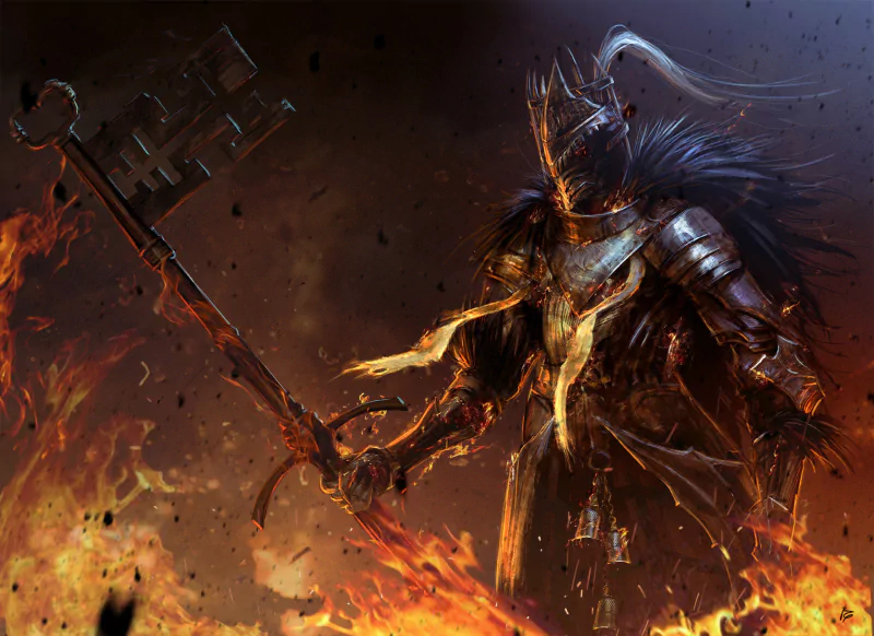 A Dark Souls warrior clad in dark armor wields a massive weapon, surrounded by flames and an intense, fiery atmosphere.