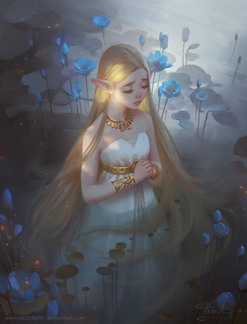 Serene elf from the video game The Legend of Zelda: Breath of the Wild, eyes closed, long golden hair and ornate jewelry, standing among glowing blue fantasy flowers.
