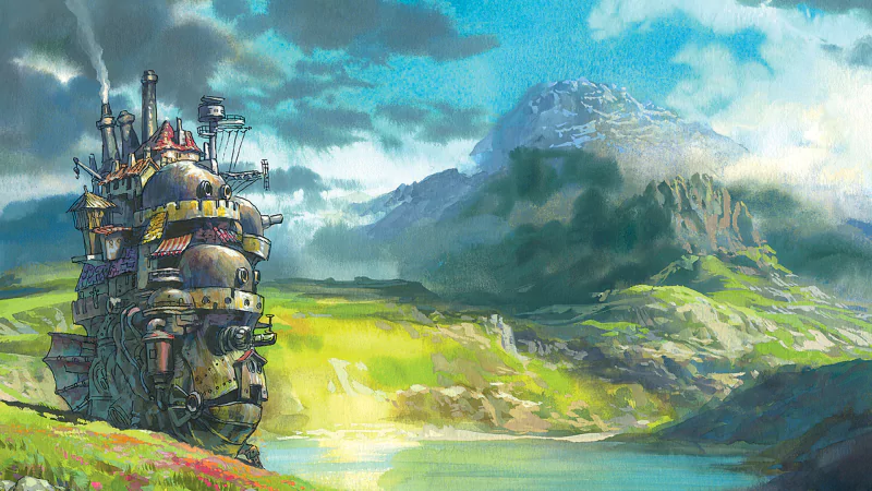 Anime scene from Howl's Moving Castle: a ramshackle mechanical walking castle crosses a sunlit green valley by a shimmering lake, set against distant mountains and dramatic cloud-filled skies.