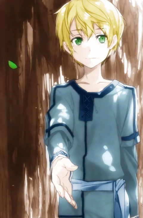 Eugeo from Sword Art Online, an anime character with blond hair and green eyes, stands against a tree, extending his hand forward.