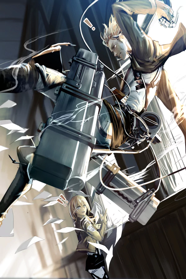 Nanaba and Historia Reiss (Attack on Titan) soaring on ODM gear through a shattered interior, papers and debris flying in a dramatic anime action scene.